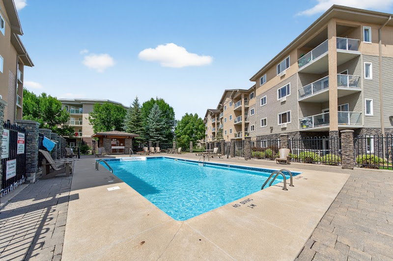 The pool deck and the building behind it