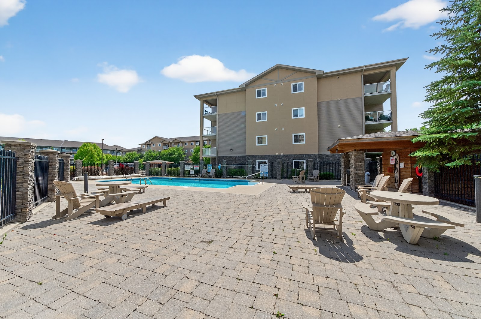 The pool patio and the building
