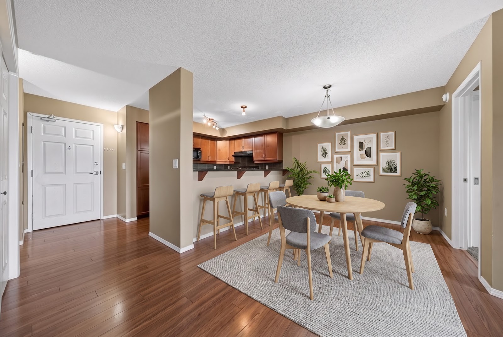 Dining, open to the kitchen, staged