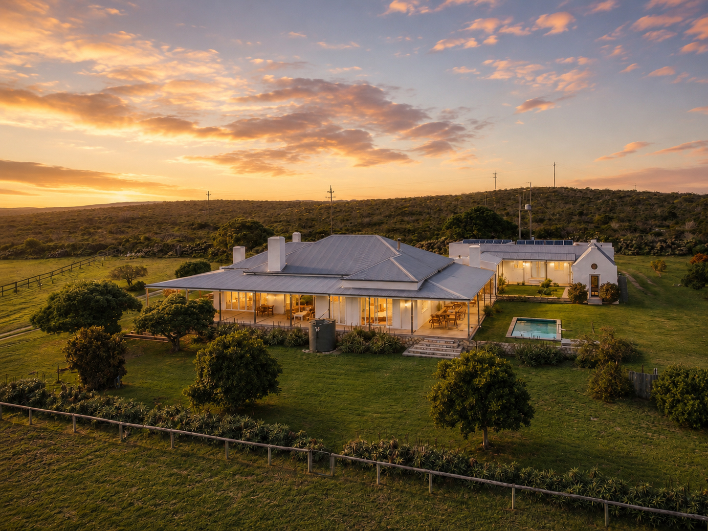 Inhoek Farm from the air at sunset