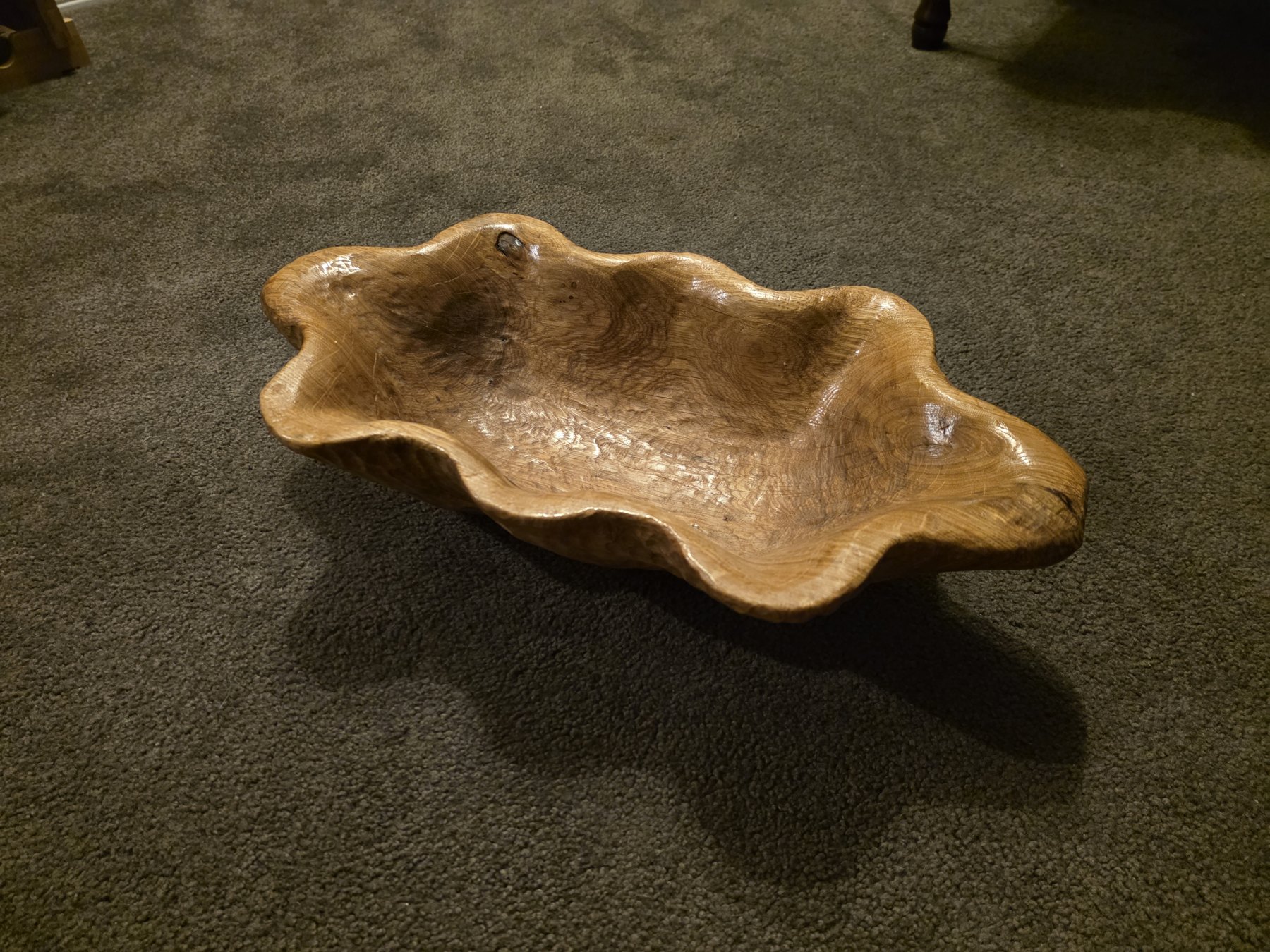 The first bowl Sean Philips carved, oak, adze and chisels